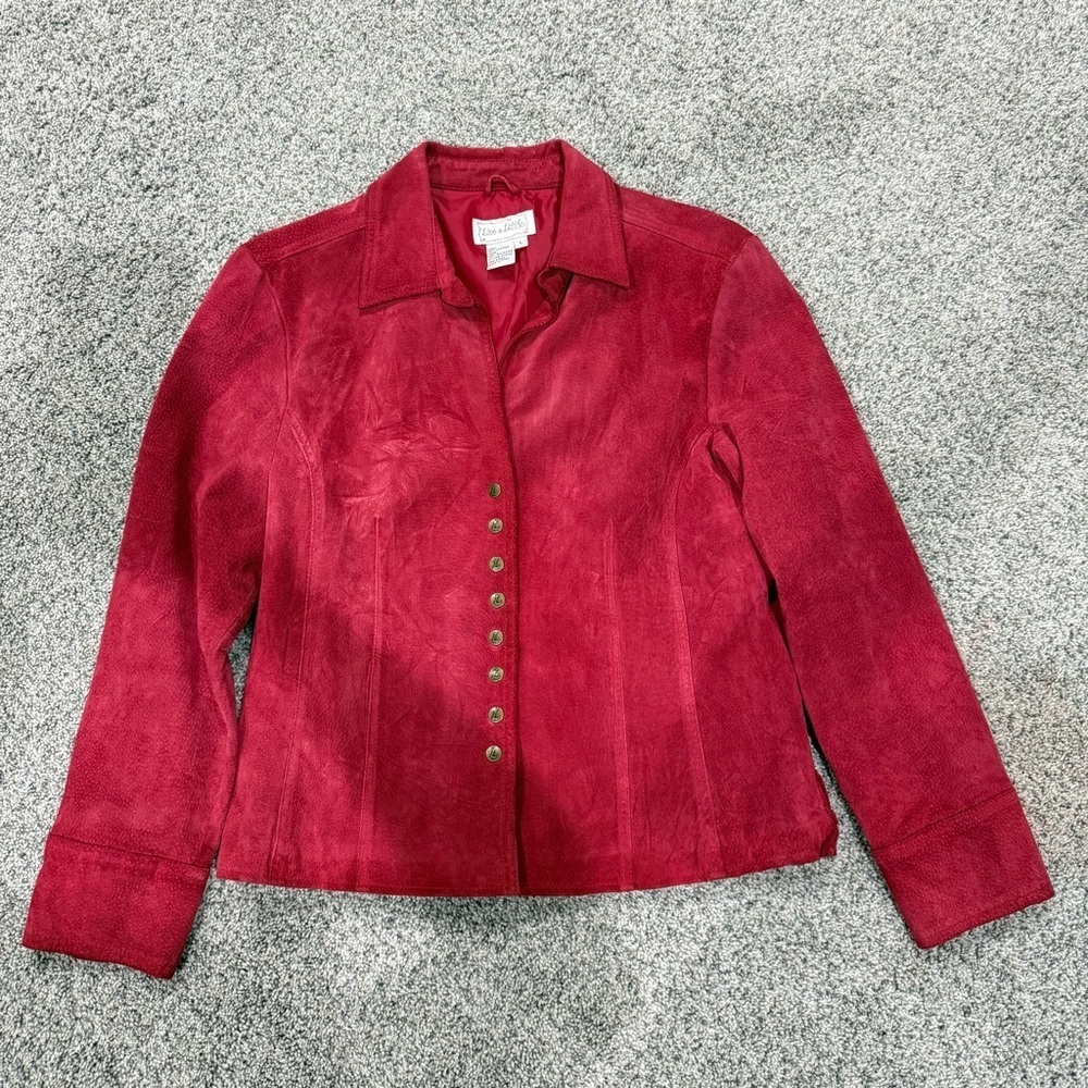 Vintage Live A Little Red Suede Leather Snap Front Fitted Jacket Boho Women’s L